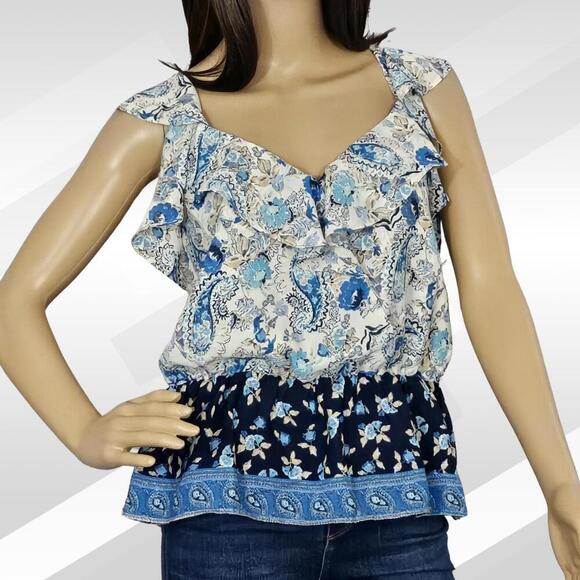 2/$30 Nine Britton Blue Floral Ruffle Tank Top Size L | Summer Blouse - Picture 1 of 6